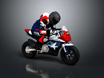 Kids Riding Mini Racing Motorcycle Wearing Helmet With Red White Blue Stars Design 3d model