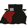 Double Bed With Black Comforter Red Blanket Pillows And Small Nightstand 3d model