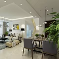 Modern Living Dining Room Interior With Dining Table Chairs Sofa TV Pendant Lights And Plants