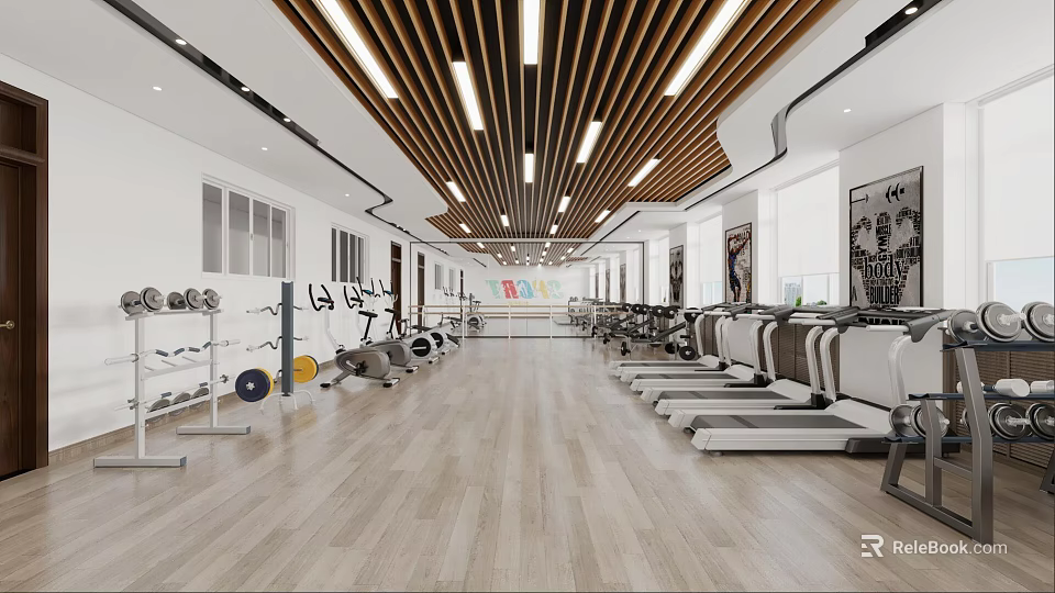 Spacious Fitness Gym Interior With Wooden Flooring White Walls And Workout Equipment 3d model 