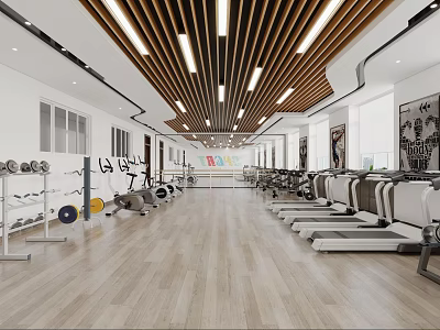 Spacious Fitness Gym Interior With Wooden Flooring White Walls And Workout Equipment 3d model