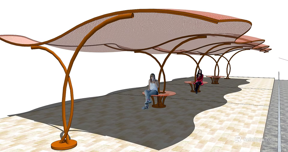 Outdoor Pergola With Curved Wooden Frame Sunshade Net And Seating Area For Relaxing 3d model 