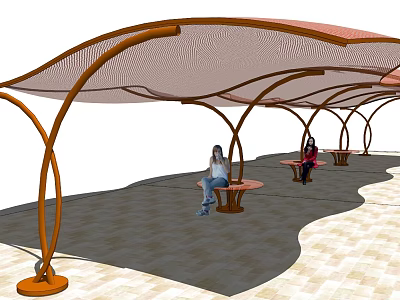 Outdoor Pergola With Curved Wooden Frame Sunshade Net And Seating Area For Relaxing 3d model