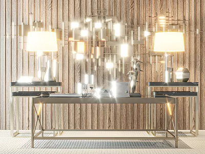 Modern Coffee Table With Metal Frame And Table Lamps On Wooden Wall Background With Decorative Items 3d model