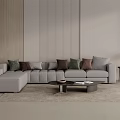 Light Gray Sectional Sofa With Multiple Throw Pillows And Coffee Table In Modern Living Room 3d model