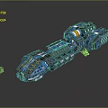 Sci Fi Spaceship Model In Blue Black With Yellow Details And Surrounding Small Rocks