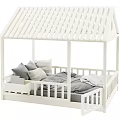White House Shaped Children's Bed With Striped Roof Circular Window Grey Curtains And Brown Pillows