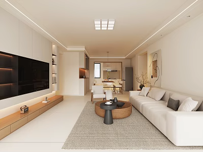 Modern Living And Dining Room Interior With White Sofa TV Wall And Open Kitchen 3d model
