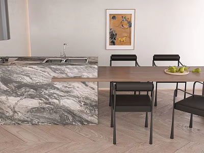 Stylish Bar Counter With Marble Top Sink Wooden Dining Table Black Chairs And Decorative Painting 3d model