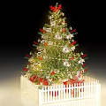 Floral Decoration For Christmas Tree With String Lights Gift Boxes And White Picket Fence