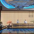 Modern Clubhouse With Blue Lit Ceiling Water Ripple Decoration Black Lattice Door And Circular Painting