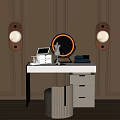 Modern Vanity Table With Round Lighted Mirror Laptop Cosmetics Drawers And Wooden Sconces