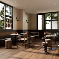 Elegant Restaurant Interior With Large Windows Wooden Floors Tables Chairs Benches And Wall Mounted Lights