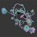 Artistic Decorative Plant with Purple Blue Flowers Green Stems Claw Like Roots and Multiple Branches