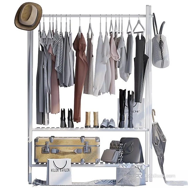 Different Colored Clothes Hanging On Rack With Coats Shirts Boots Suitcase Bags And Umbrella 3d model 