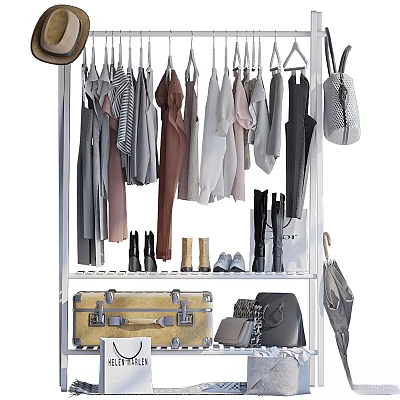Different Colored Clothes Hanging On Rack With Coats Shirts Boots Suitcase Bags And Umbrella 3d model