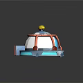 White Dome Building With Red Pipes Blue Entrance Steps And Yellow Bird On Top