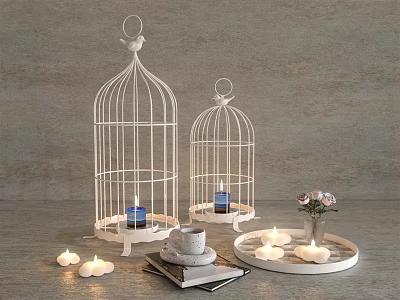 Stylish Decorative Ornament Set With Birdcages Candles Tray Flowers And Books 3d model