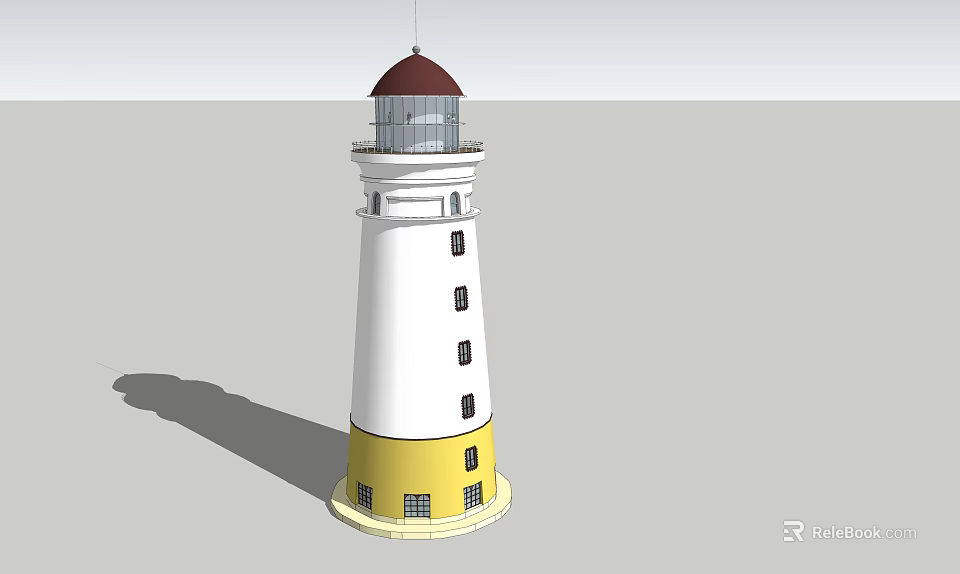 White And Yellow Lighthouse Tower With Red Dome And Multiple Windows 3d model 
