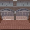 Arched Glass Entrance Gate Of Red Brick Building With Tiled Courtyard And Wooden Fence