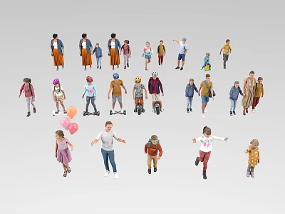 Diverse People Group Including Children and Adults Playing with Balloons and Scooters 3d model