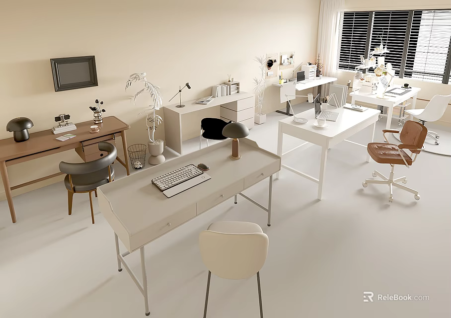 Modern Home Office Desk Setup With Ergonomic Chair Task Lamp And Stationery 3d model 