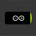 Black Cylindrical Device With Green Edge And White Infinity Plus Symbol On Reflective Surface