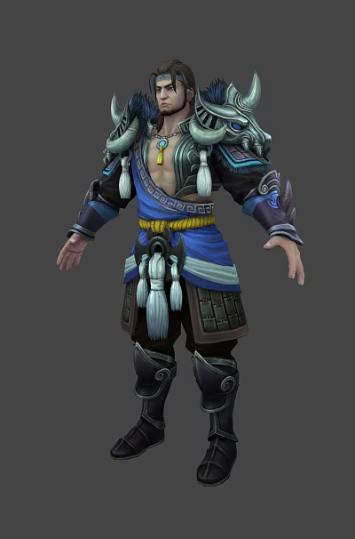 Fantasy Game Warrior Character Three Angles Front Side Back Views Blue Black Armor 3d model