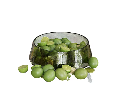 Fresh Limes in a Clear Glass Bowl with Slices and Ice Cubes Around 3d model
