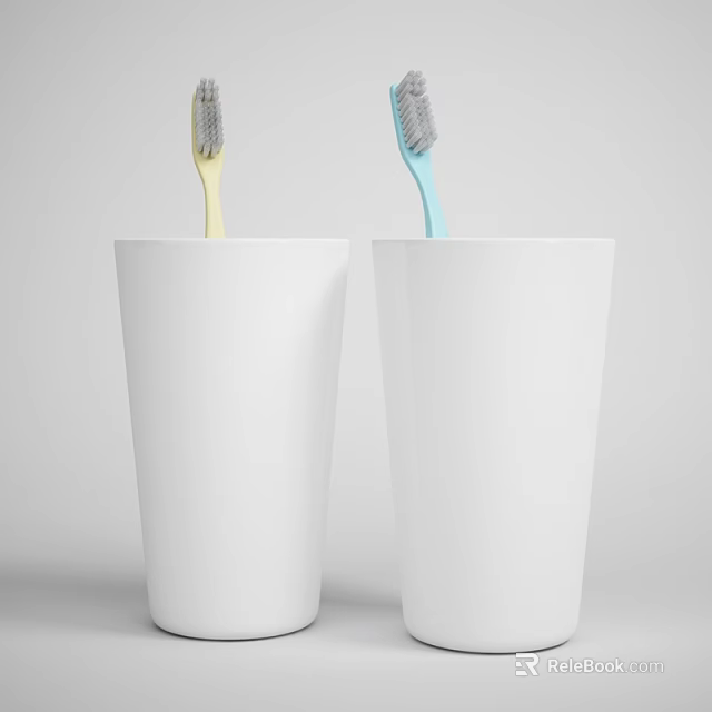 Bathroom Accessory Set Featuring Two White Cups With Yellow And Blue Toothbrushes 3d model 