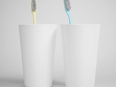 Bathroom Accessory Set Featuring Two White Cups With Yellow And Blue Toothbrushes 3d model