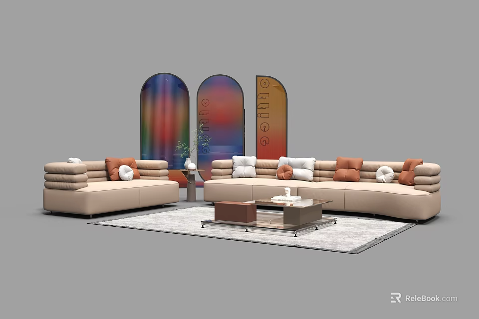 Beige Modern Sofa And Coffee Table Set With Soft Cushions Colorful Arch Decor And Rug 3d model 