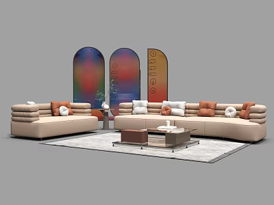Beige Modern Sofa And Coffee Table Set With Soft Cushions Colorful Arch Decor And Rug 3d model