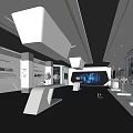 Modern Tech Exhibition Hall Interior With Linear Lighting White Display Stands And Blue Screens