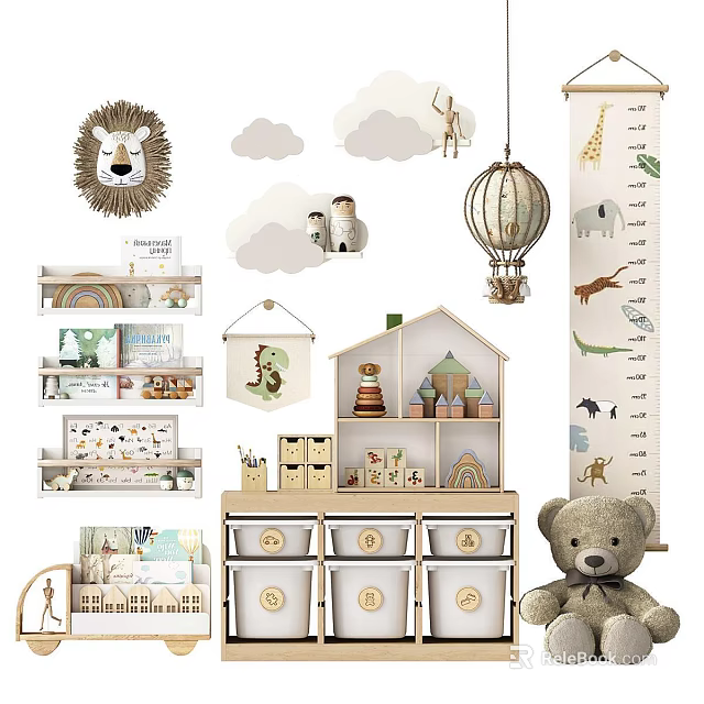 Adorable Kids Room Interior With Animal Decor Clouds Hot Air Balloon Storage And Teddy Bear 3d model 