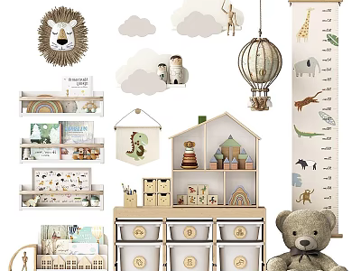 Adorable Kids Room Interior With Animal Decor Clouds Hot Air Balloon Storage And Teddy Bear 3d model
