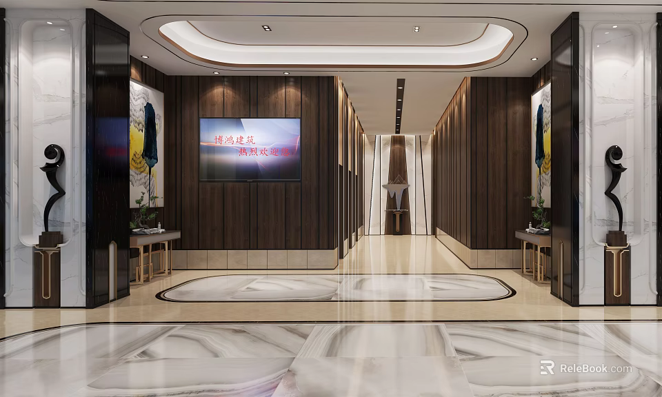 Modern Elevator Hallway Interior Design With Wooden Walls Circular Floor Patterns And TV Screen 3d model 