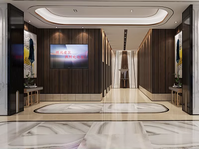 Modern Elevator Hallway Interior Design With Wooden Walls Circular Floor Patterns And TV Screen 3d model