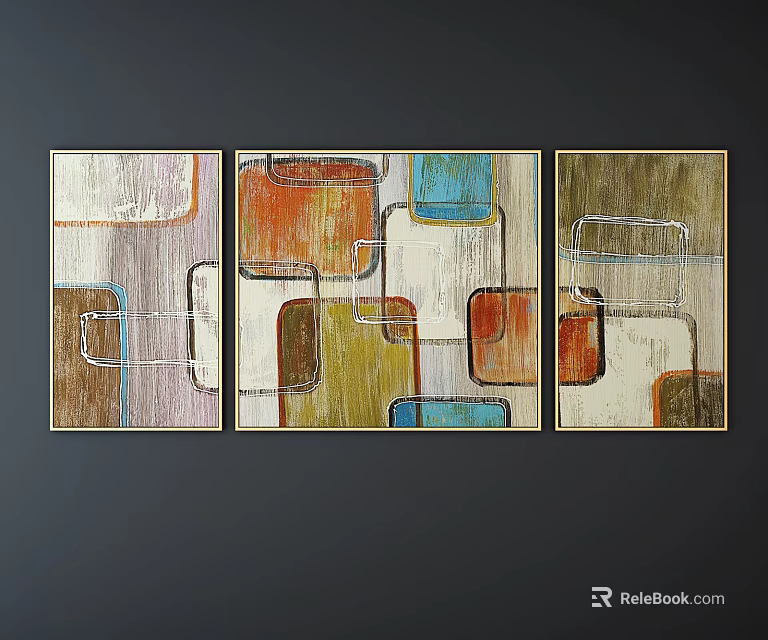 Abstract Painting Triptych With Colorful Geometric Shapes And Interlocking Lines On Dark Wall 3d model 