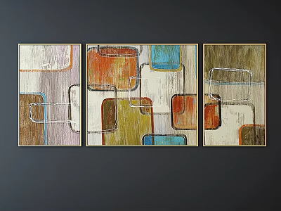 Abstract Painting Triptych With Colorful Geometric Shapes And Interlocking Lines On Dark Wall 3d model