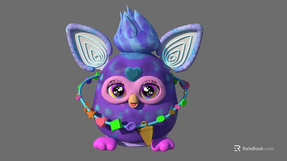 Cute Purple Cartoon Creature With Large Ears Blue Flame Top And Colorful Necklace 3d model 
