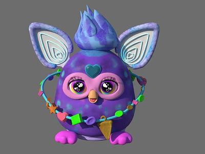 Cute Purple Cartoon Creature With Large Ears Blue Flame Top And Colorful Necklace 3d model