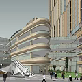 Modern Curved Multi Level Building With Glass Facade Plaza Area And Pedestrians