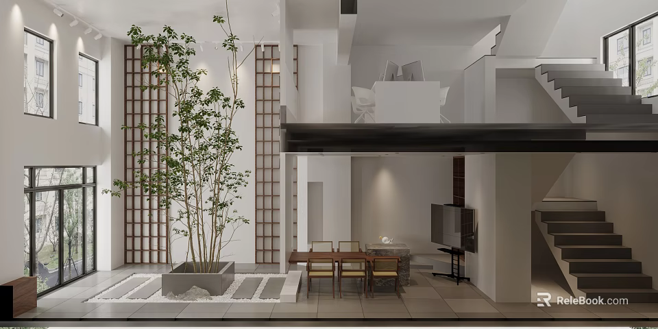 Modern Open Public Office Space With Green Plants Wooden Grilles And Bright Interior 3d model 