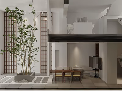 Modern Open Public Office Space With Green Plants Wooden Grilles And Bright Interior 3d model