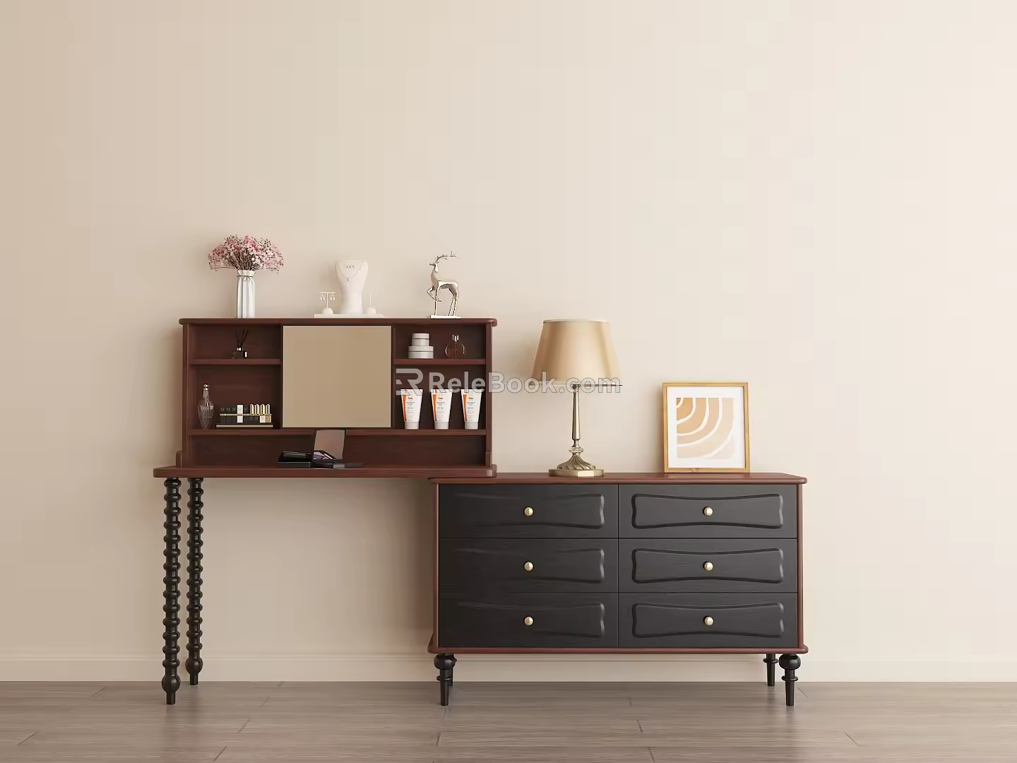 French Retro Solid Wood Bucket Cabinet Adjustable Storage Dressing Table for Bedroom Dressing Table Integrated American Style Light Luxury Style Entrance Cabinet 3d model
