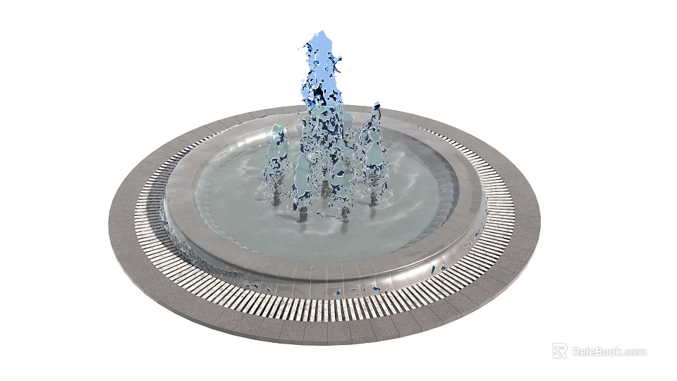 Modern Circular Fountain With Blue Water Jets And Metal Base Grill Detail 3d model 