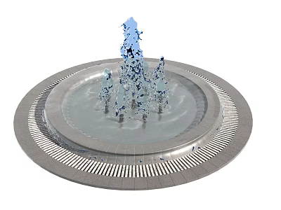 Modern Circular Fountain With Blue Water Jets And Metal Base Grill Detail 3d model