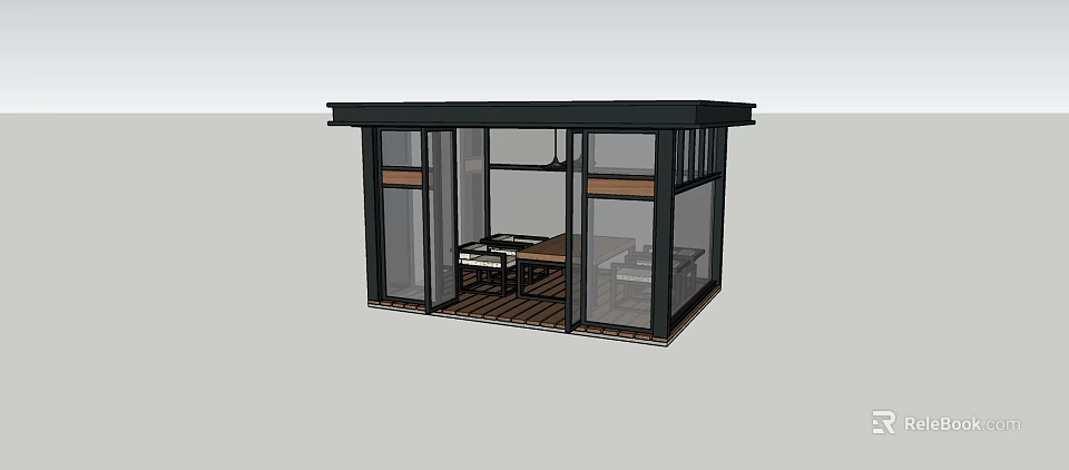 Modern Glass Sunroom With Black Frame And Glass Walls Wooden Floor And Furniture For Relaxation 3d model 