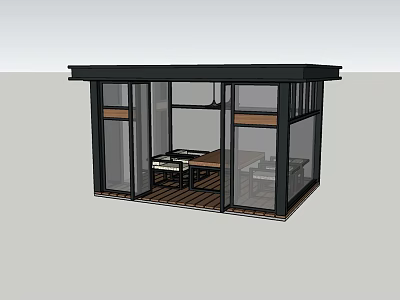 Modern Glass Sunroom With Black Frame And Glass Walls Wooden Floor And Furniture For Relaxation 3d model